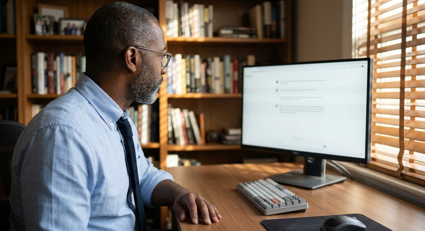 Person in a home office reading AI assistant answers on a monitor