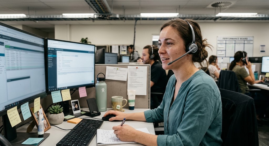 Call center agent with a headset at her desk
