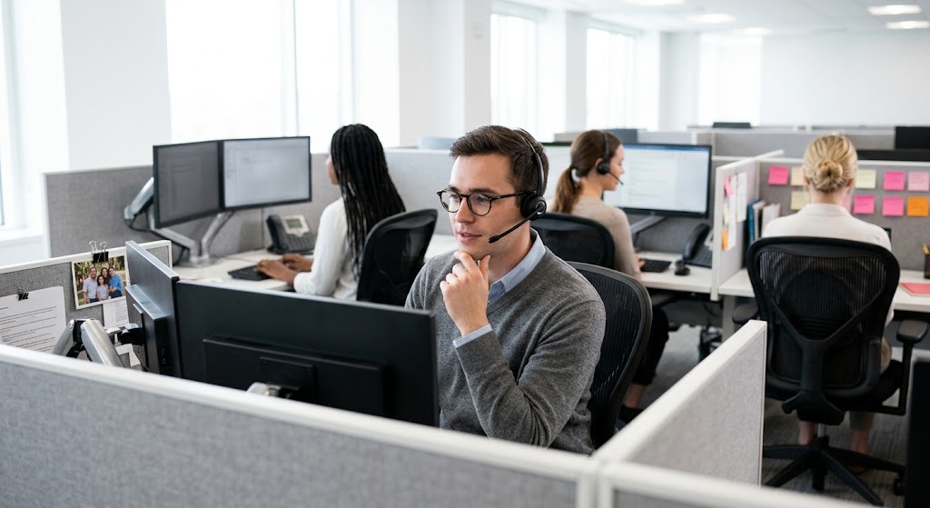 Call center agents taking calls in an office