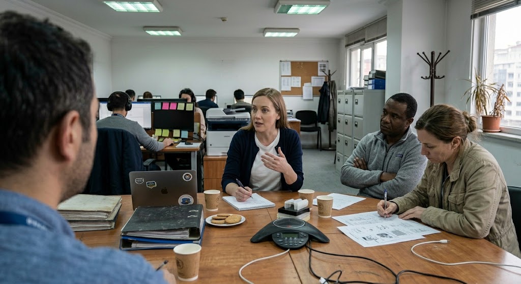 Team meeting around an office table with a conference phone